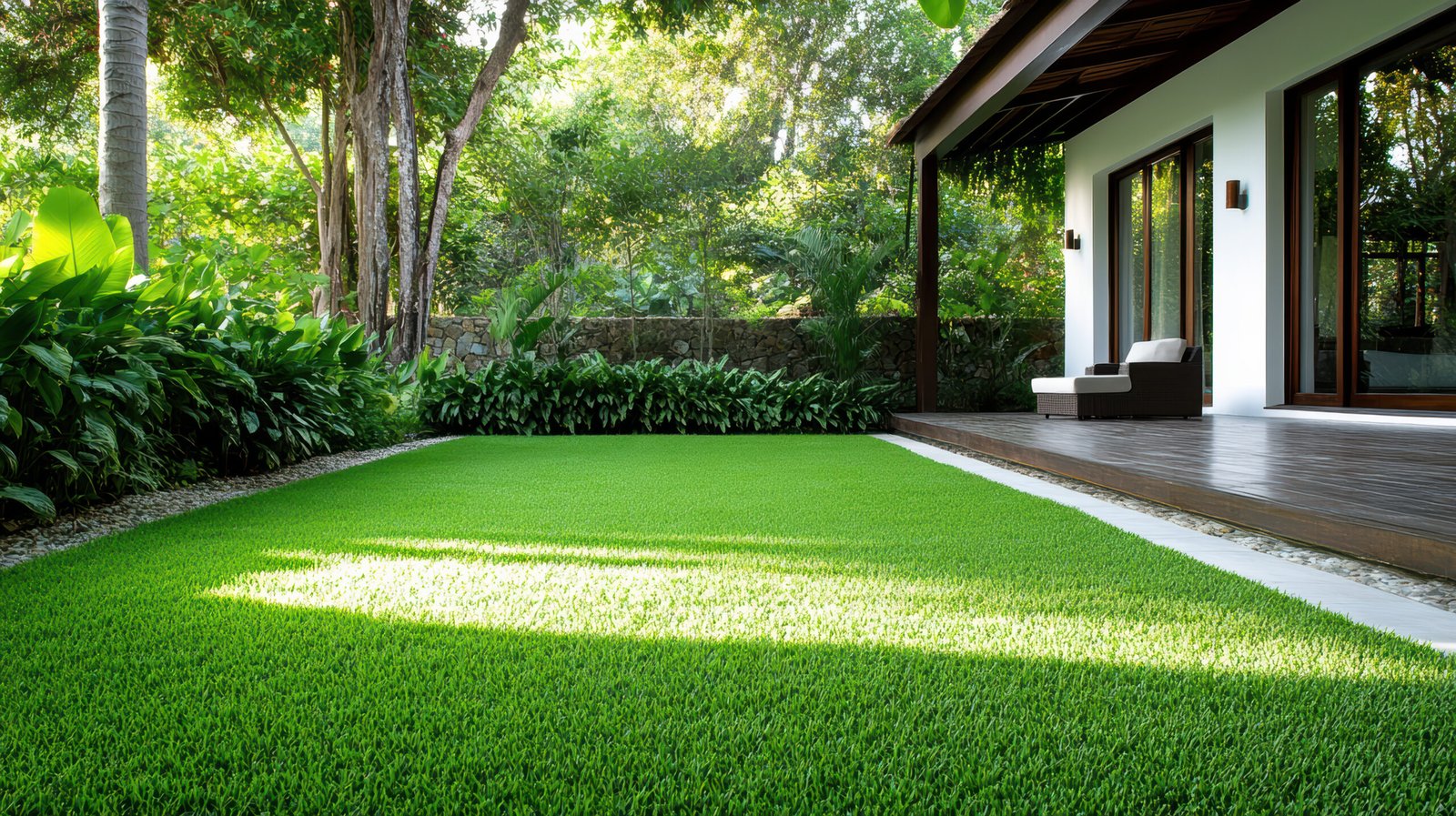 Lush green lawn beside modern house with wooden deck, surrounded by tropical plants and trees