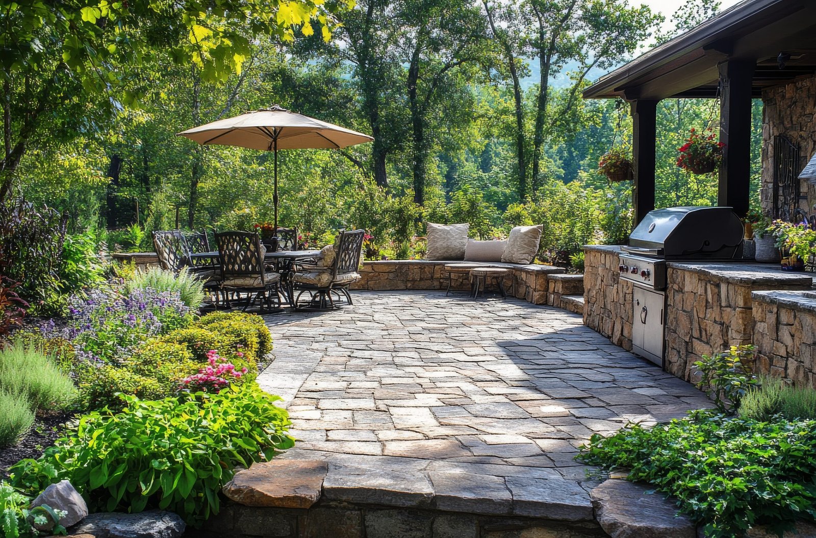 A serene garden patio with a dining area and grill, surrounded by lush greenery in daylight