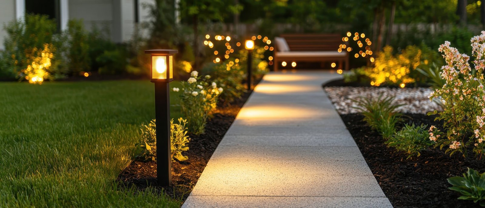 Illuminated Garden Pathway with Solar Lights Tranquil Setting Background and Copyspace Available